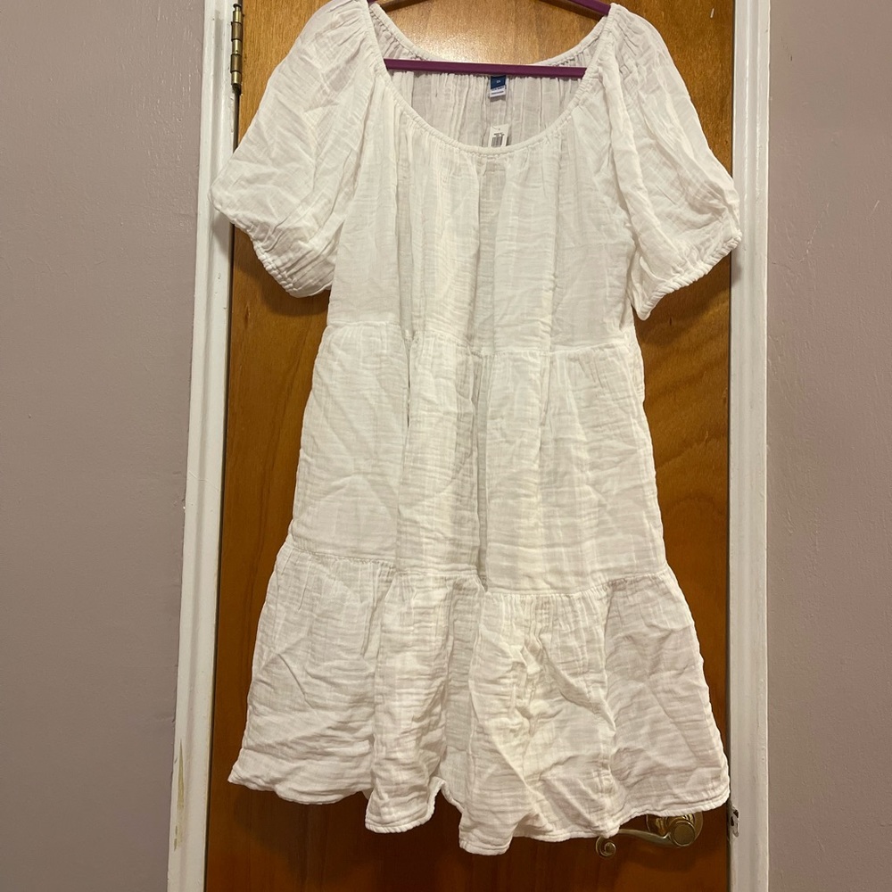 Old Navy Puff-Sleeve Tiered Mini Swing Dress for Women in White.